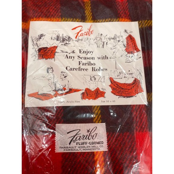 Vintage Faribo Acrylic Red Plaid Fluff Loomed Carefree Fringes Blanket NIP - Picture 2 of 9